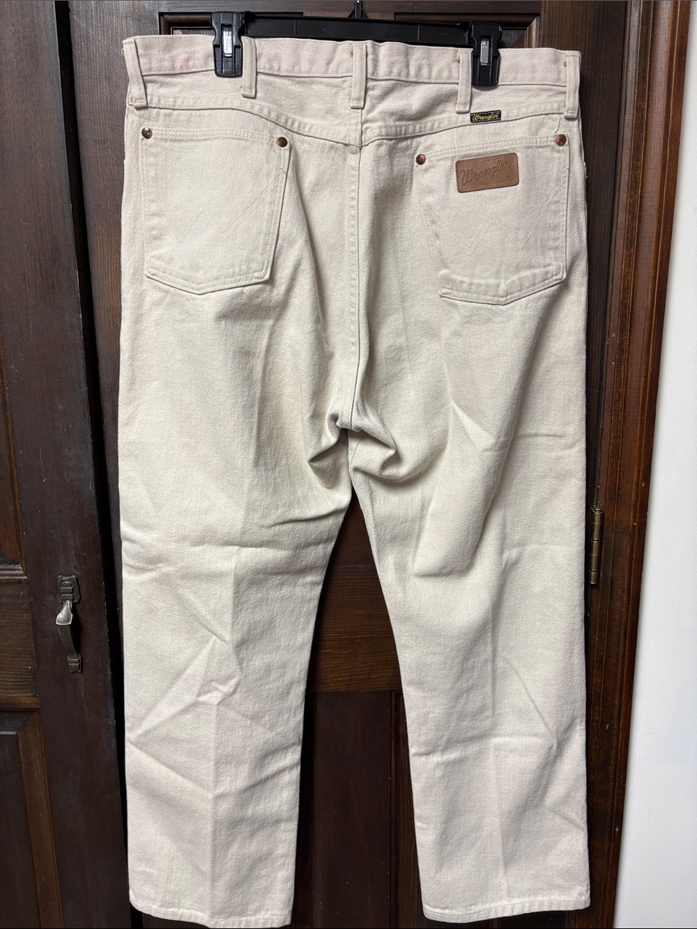 EUC Vtg 38/29 Wrangler Cream Canvas Jeans with Brown Patch